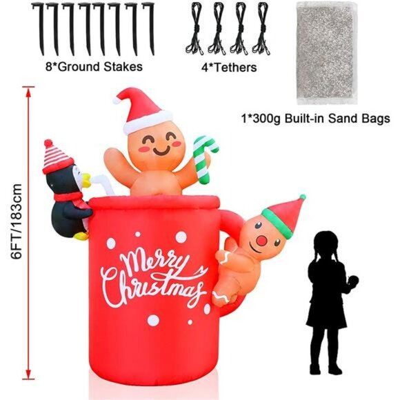 6Ft Inflatable Gingerbread Man in Cocoa Mug with Little Penguin -with LED Lights - Picture 3 of 7